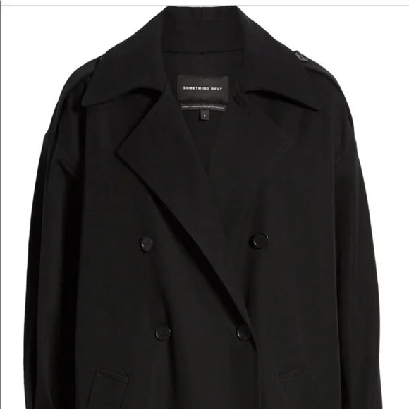 NEW SOMETHING NAVY Black Easy Oversized Tench Coat Size Medium - Picture 5 of 7